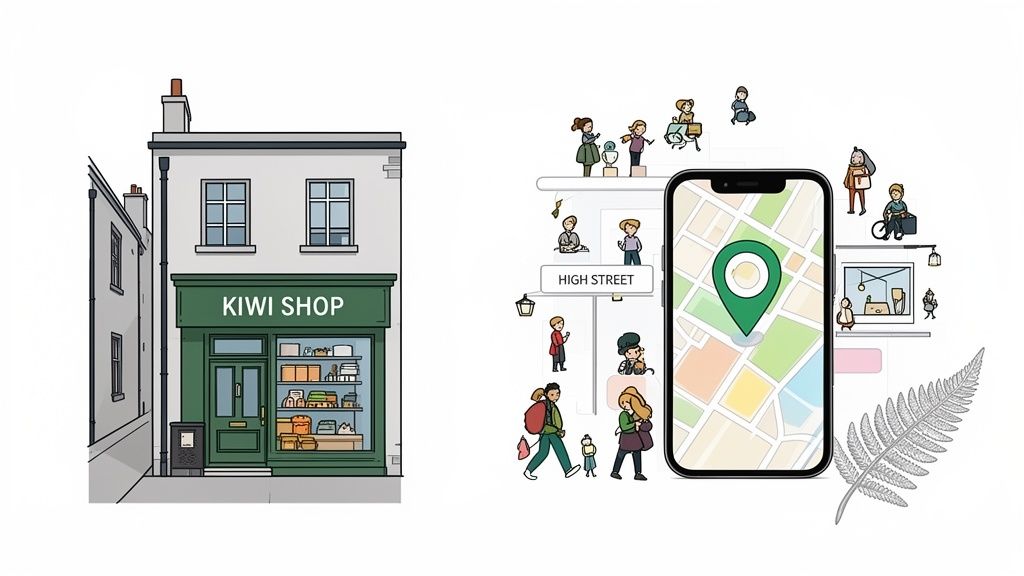 Cartoon illustration of a local 'Kiwi Shop' and a smartphone map showing a vibrant high street with people.