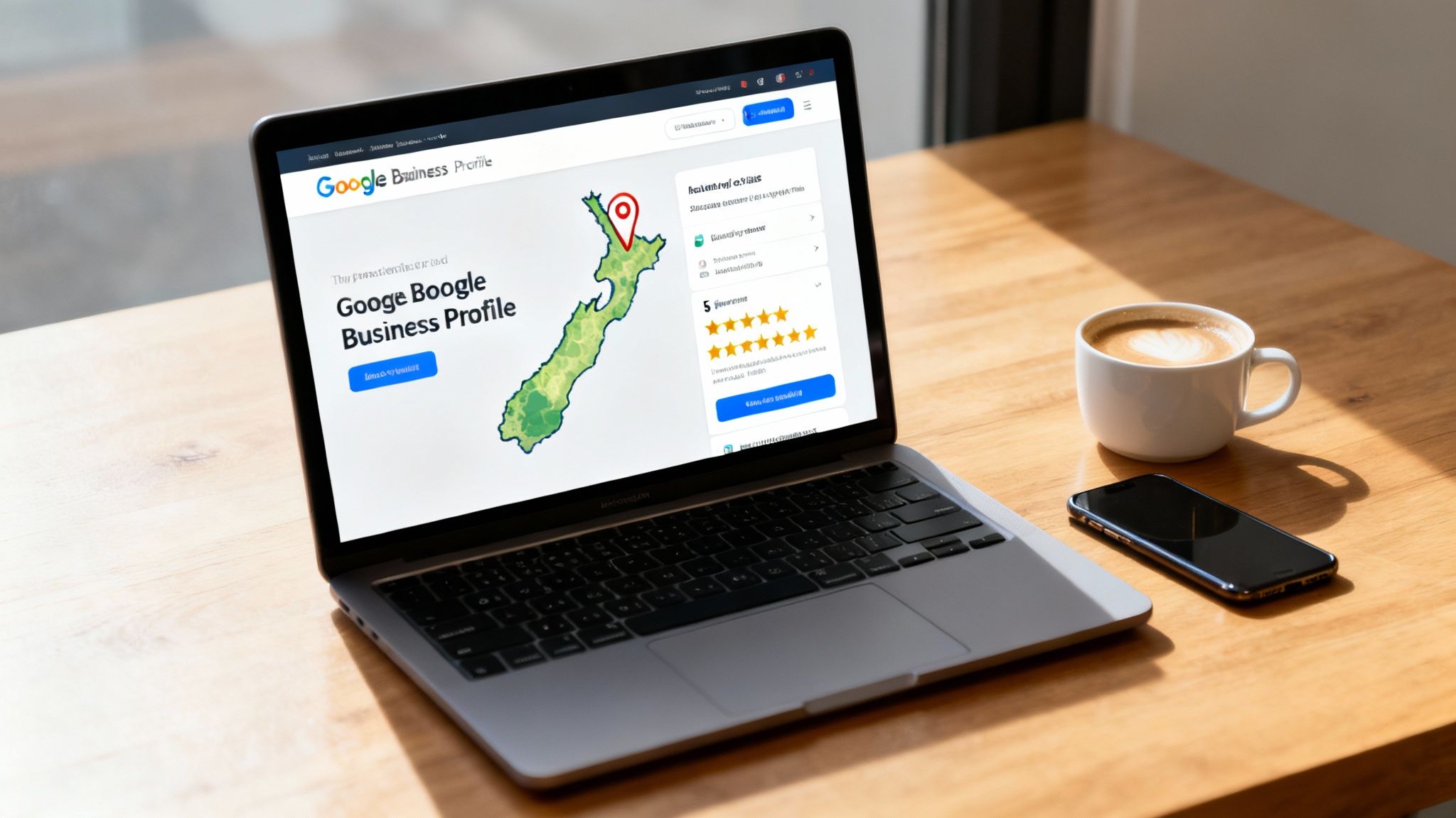 Laptop displaying Google Business Profile with New Zealand map, a coffee cup, and a smartphone on a sunny wooden desk.