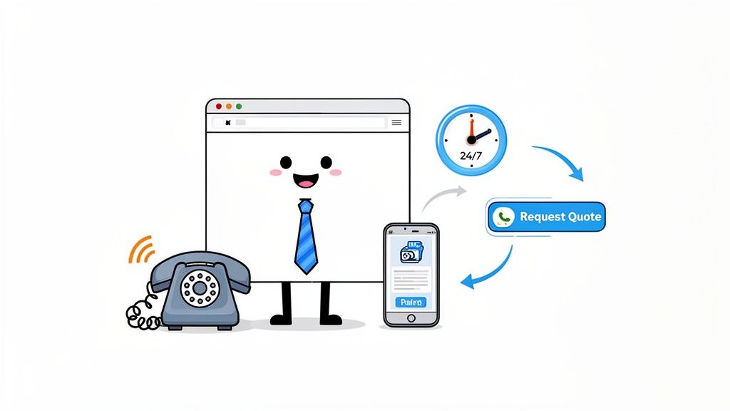 Cartoon website character with a phone, smartphone, 24/7 clock, and 'Request Quote' button, illustrating online service.