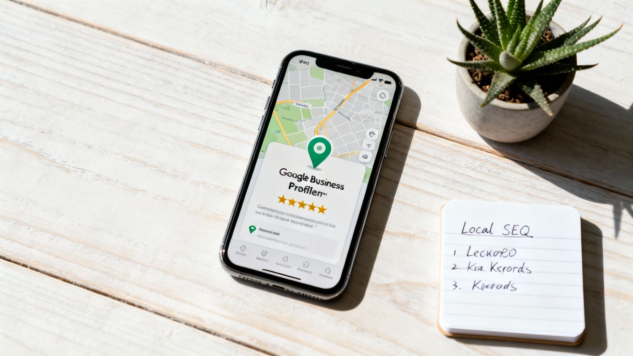 A smartphone displays Google Business Profile on a map, next to a notepad with 'Local SEO' written on it.