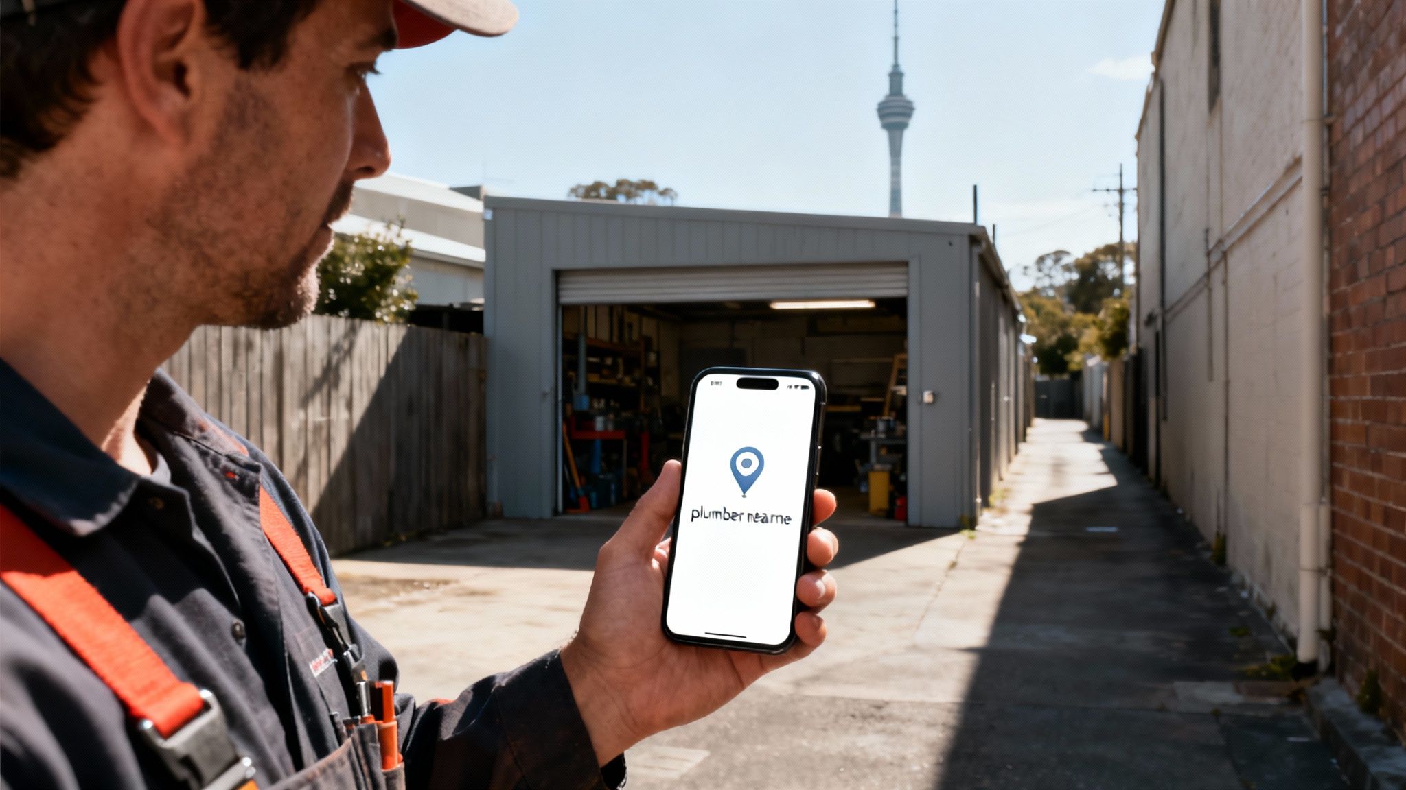 Tradesperson in overalls holding a smartphone displaying a 'plumber near me' app, in an alley with a workshop and city tower.