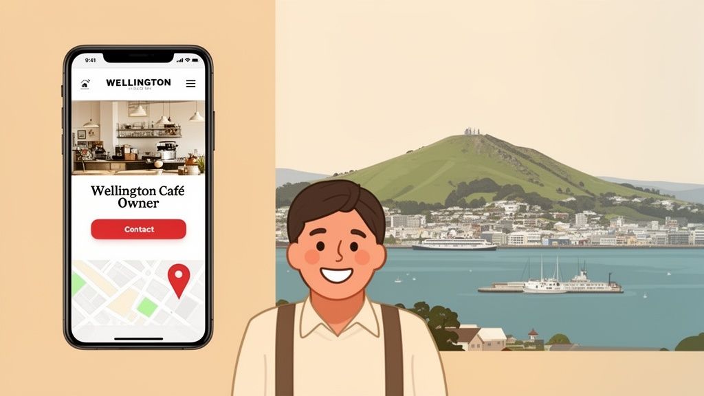 A smiling man, a Wellington cafe owner, with a mobile phone showing his profile and a scenic city background.