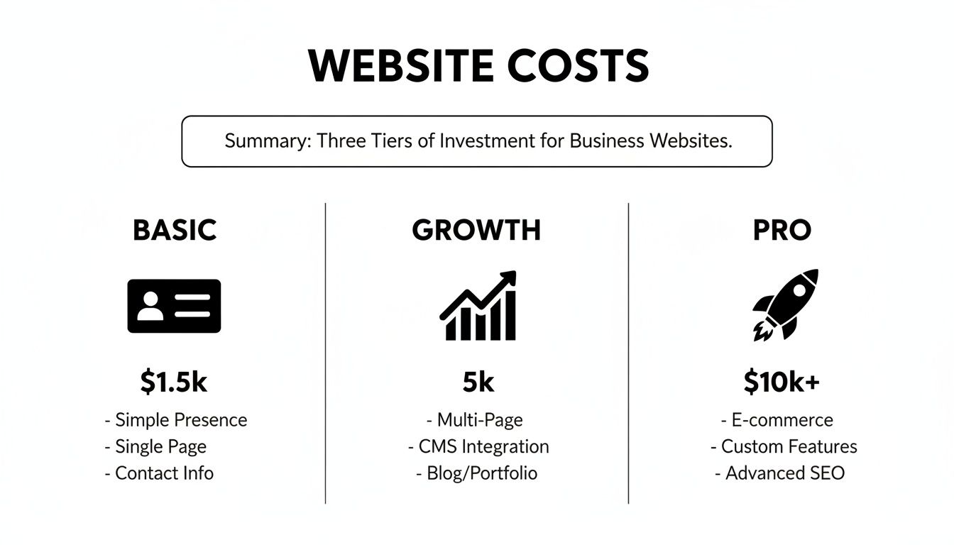 Website costs breakdown showing three investment tiers: Basic ($1.5k), Growth ($5k), and Pro ($10k+), with features.
