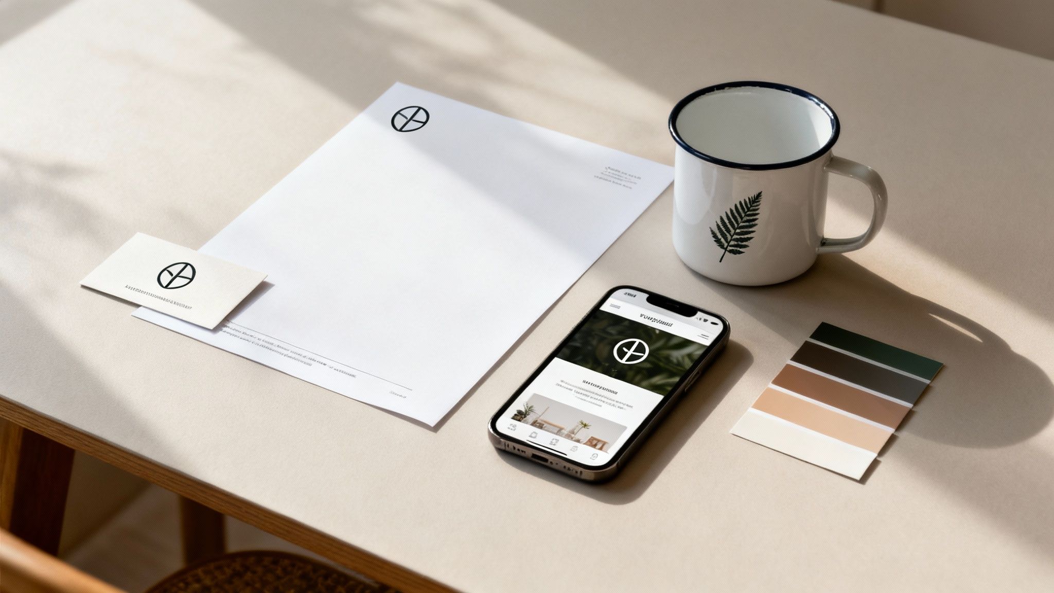 Minimalist branding flat lay featuring a business card, letterhead, smartphone, mug, and color swatches on a desk.