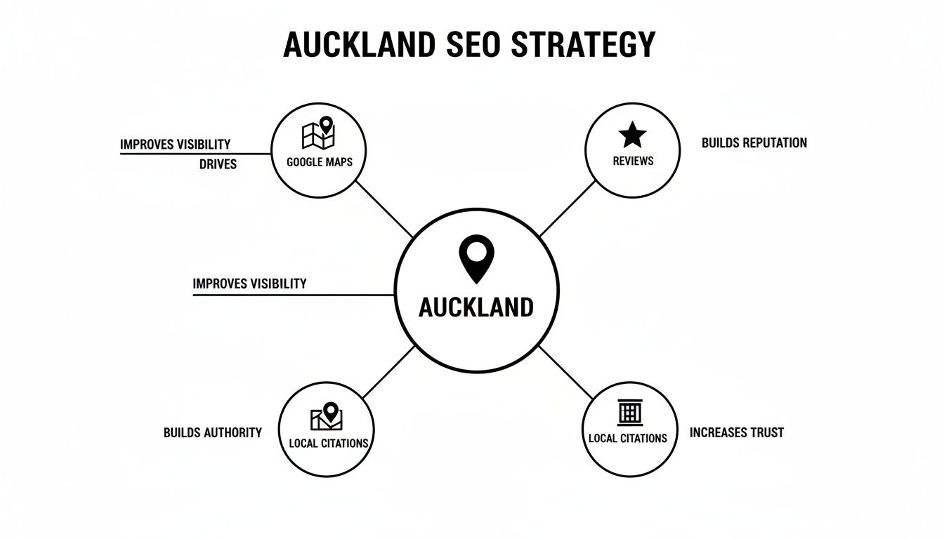 Auckland SEO strategy diagram detailing Google Maps, reviews, and local citations for visibility, authority, and trust.