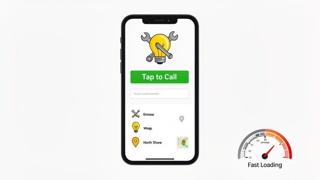 Mobile app interface with a lightbulb-wrench logo, "Tap to Call" button, and fast loading speed.