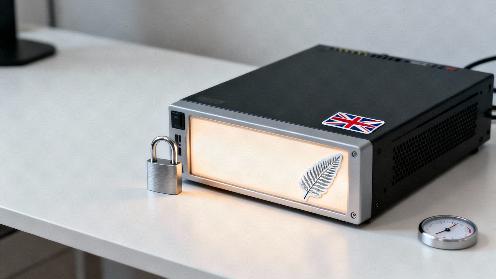 Electronic device with British and New Zealand flag stickers, a padlock, and a gauge.