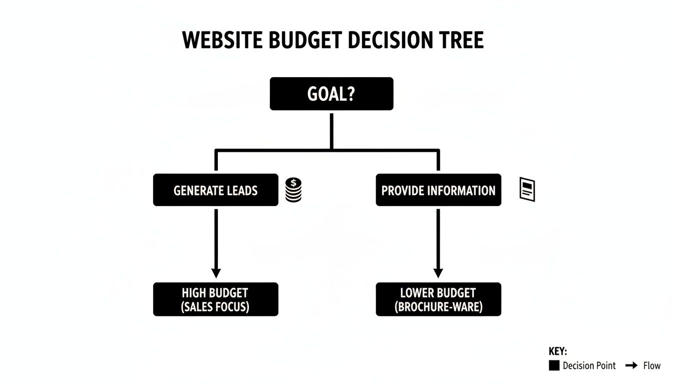 A website budget decision tree diagram showing goal-based budget allocation for lead generation or information.