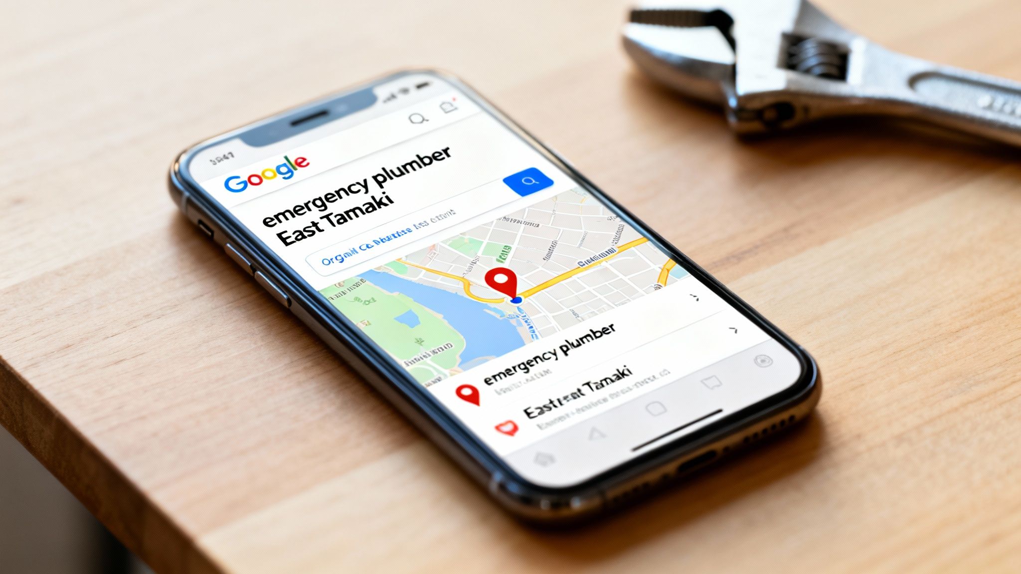 A smartphone displaying a Google search for 'emergency plumber East Tamaki' with map results on a wooden table.
