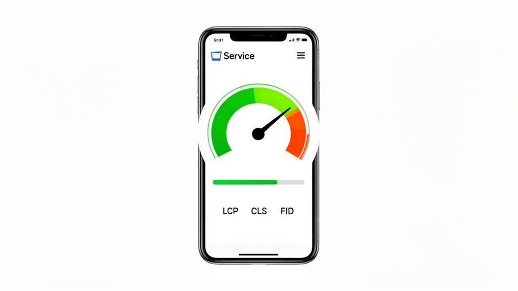 A smartphone displays a service app with a performance gauge showing good status and Core Web Vitals metrics.