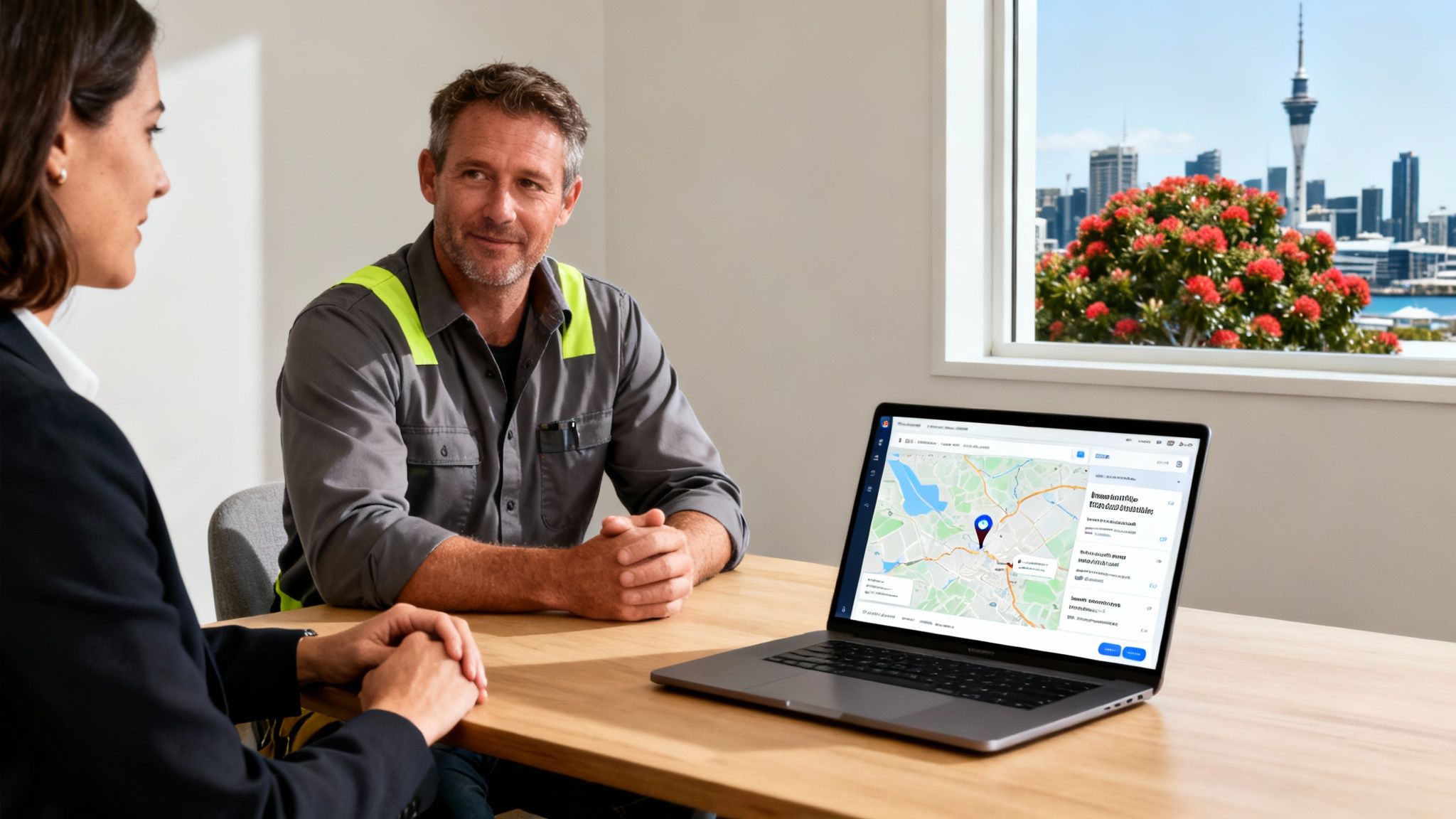 Two professionals, one in a suit and one in a work uniform, discuss a map on a laptop in front of an Auckland cityscape.