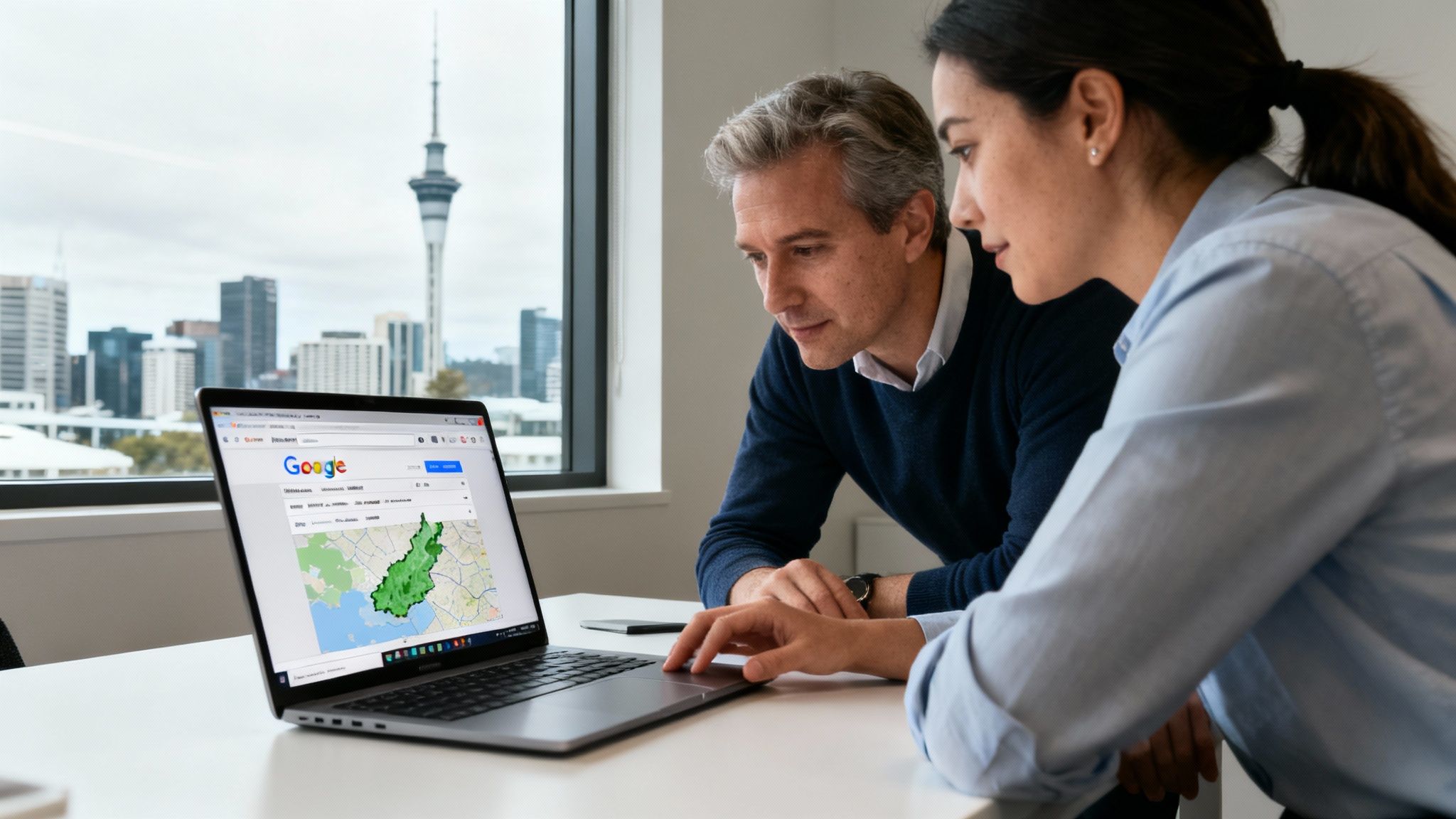 Two business professionals analyzing Google Maps data on laptop in Auckland office