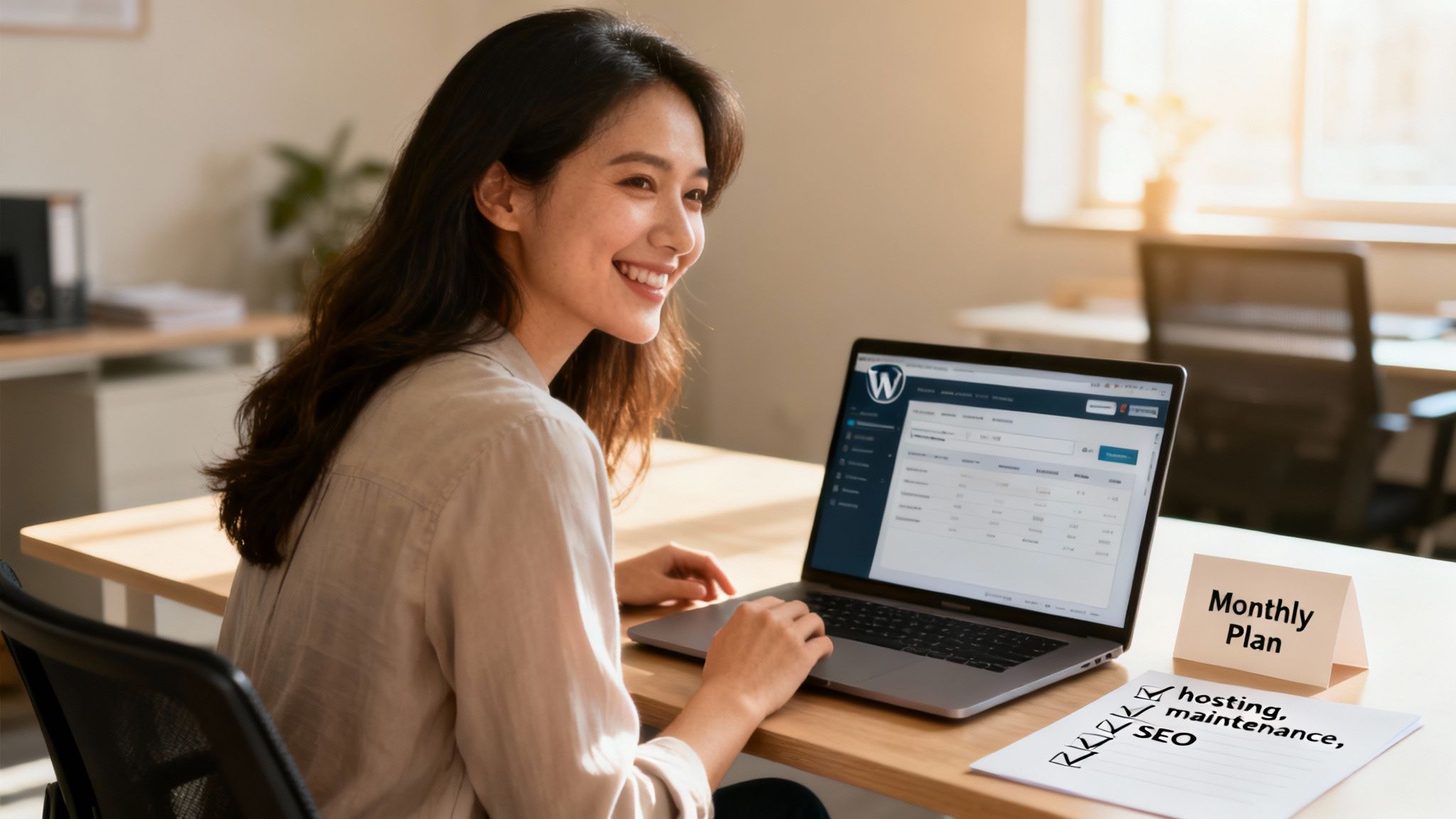 Smiling woman working on a laptop with a WordPress dashboard, beside a "Monthly Plan" and checked list for hosting, maintenance, and SEO.