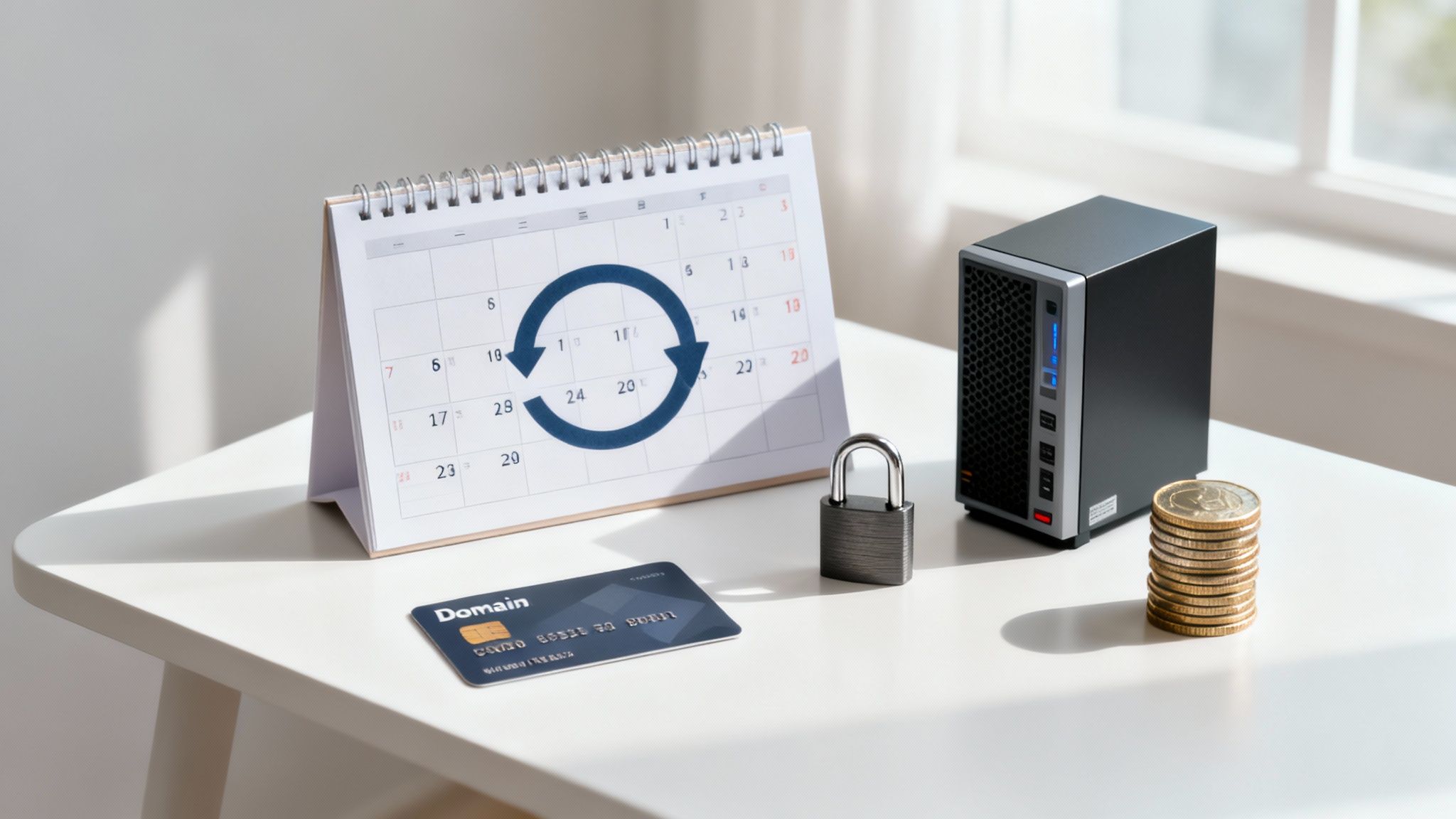 A desk with a calendar showing a refresh symbol, a 'Domain' credit card, a padlock, a server, and coins.