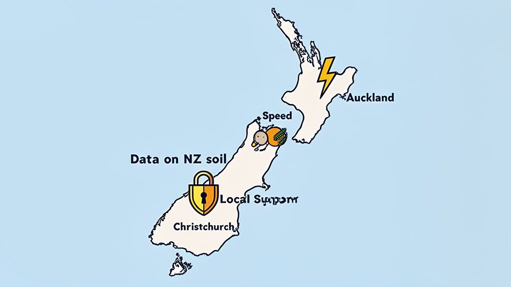 Map of New Zealand illustrating features of web hosting, including data speed, security, and local support.