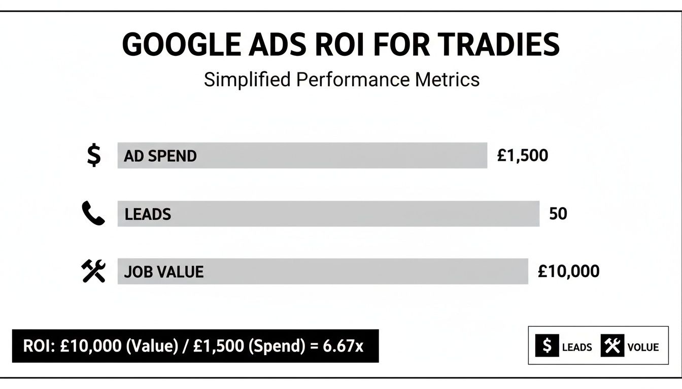 Google Ads ROI performance metrics for tradies, detailing ad spend, leads, job value, and return.