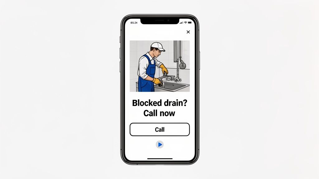 A smartphone screen displays a social media ad for a plumber, showing an illustration of a worker fixing a sink.
