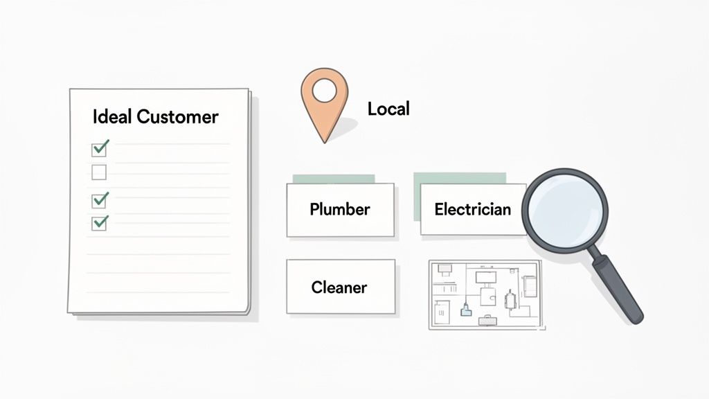 An illustration showing ideal customer characteristics, local services like plumber, electrician, cleaner, and a magnifying glass for search.