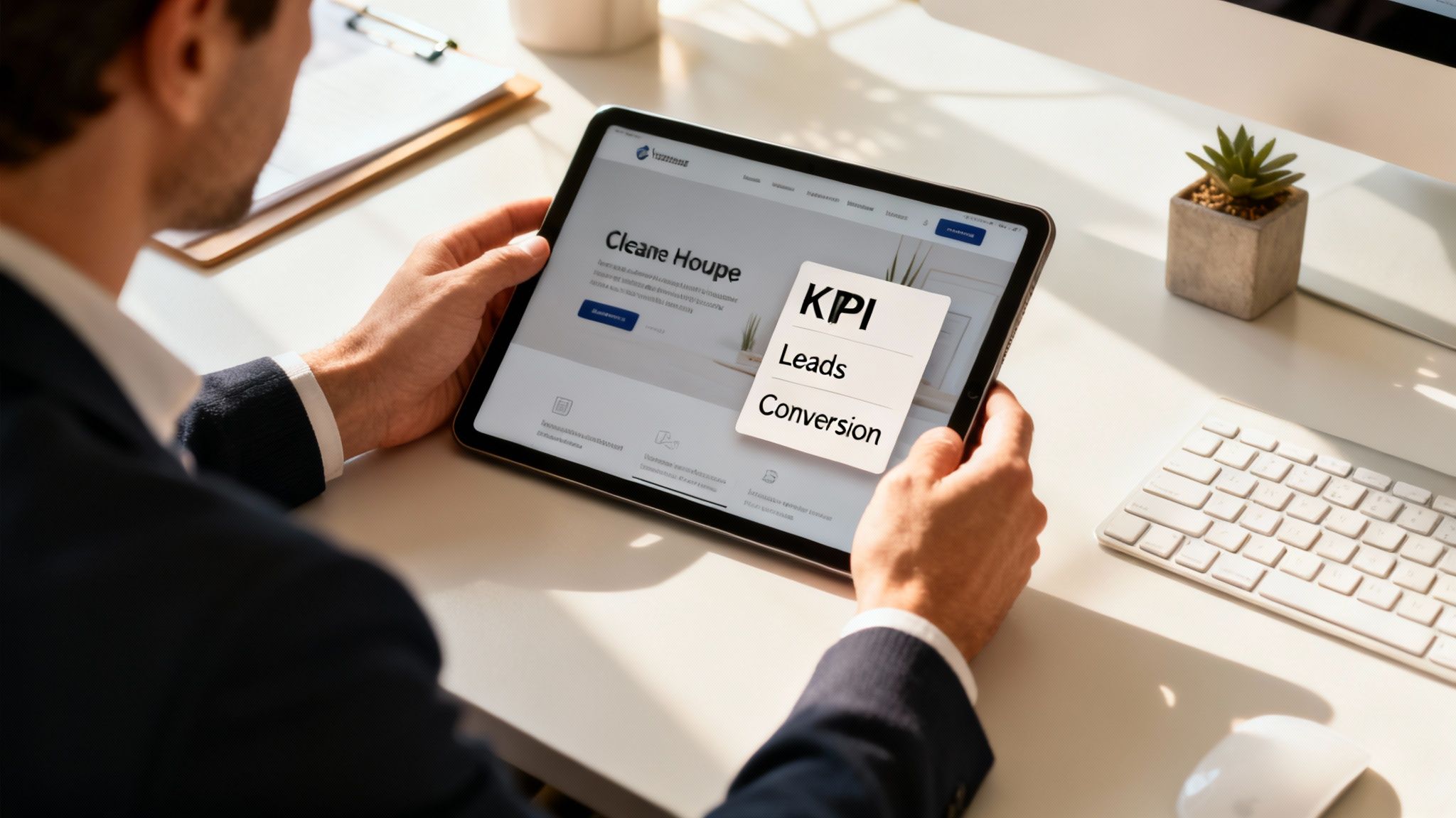 A man holds a tablet displaying website metrics including KPI, Leads, and Conversion data.