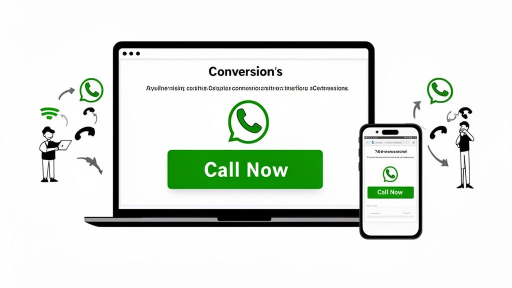 Laptop and smartphone displaying 'Call Now' buttons with WhatsApp icons, surrounded by communication symbols.