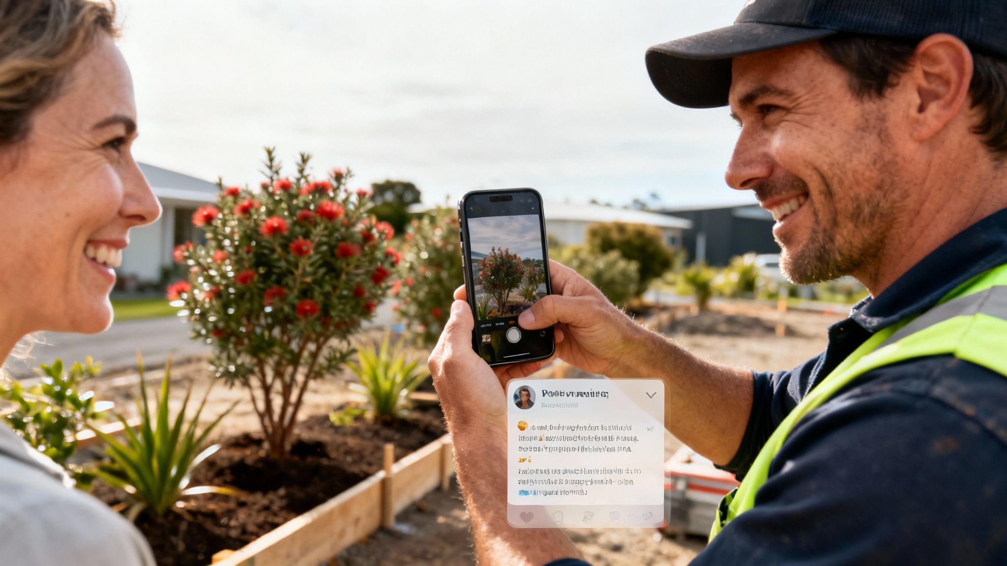 A smiling man in a high-vis vest takes a picture of a red flowering plant with a smartphone, next to a smiling woman.