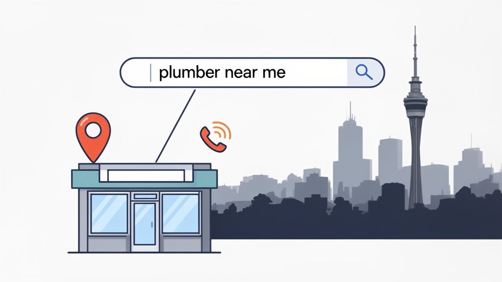 A search bar showing 'plumber near me' with a local business, phone icon, and Auckland city skyline.