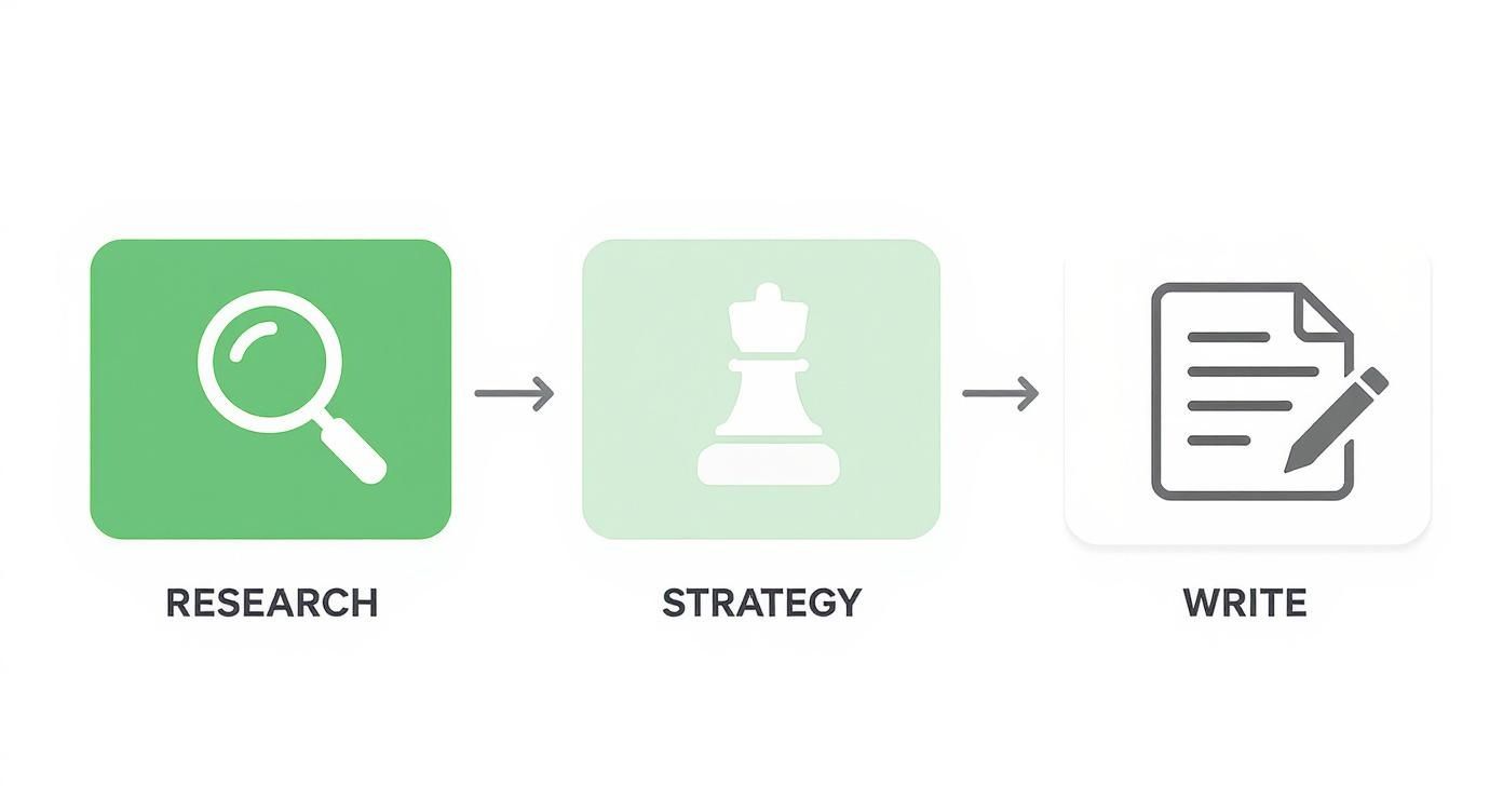 A three-step content creation process: research (magnifying glass), strategy (chess queen), and write (document and pencil).