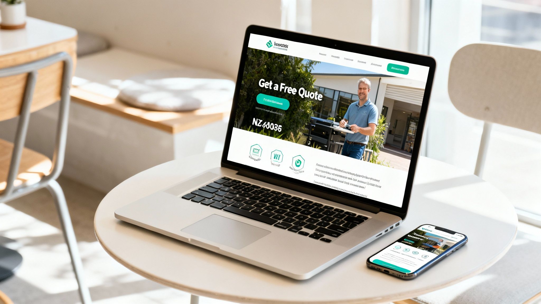 A laptop and smartphone on a white table displaying a website offering free quotes in New Zealand.