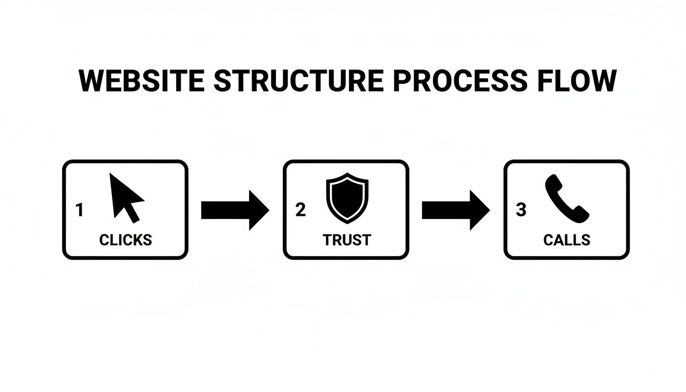 A process flow diagram shows website structure steps: 1 Clicks, 2 Trust, and 3 Calls.