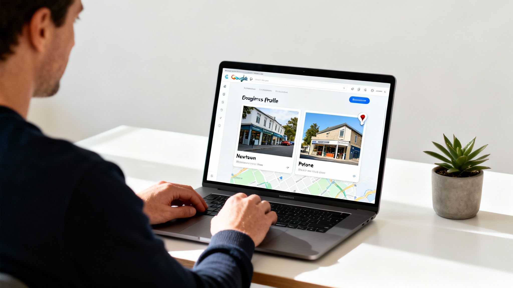 A man uses a laptop to manage local business profiles on a platform similar to Google, displaying map information.