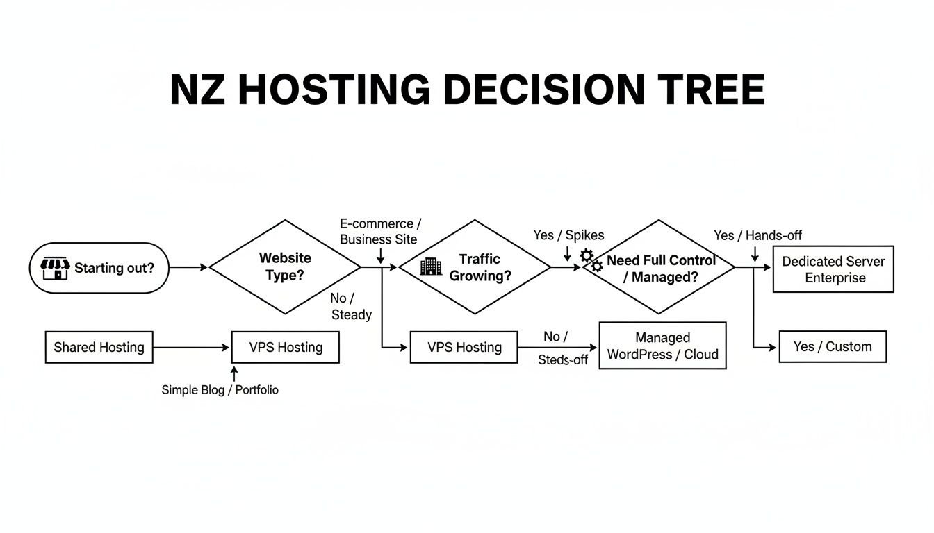 A decision tree diagram illustrating NZ web hosting options based on website type, traffic, and management needs.