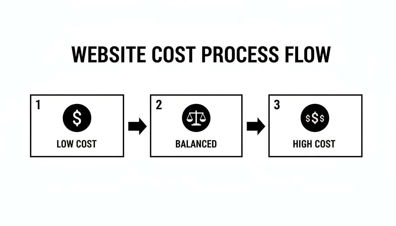 Website cost process flow illustrating low, balanced, and high price options for website design.