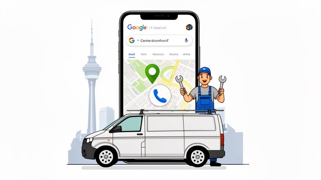 A smiling mechanic with wrenches stands by a service van and smartphone showing maps, near Auckland.
