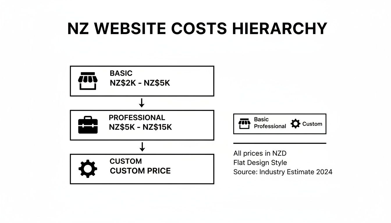 Diagram showing New Zealand website costs hierarchy: Basic (NZ$2K-NZ$5K), Professional (NZ$5K-NZ$15K), and Custom (Custom Price).