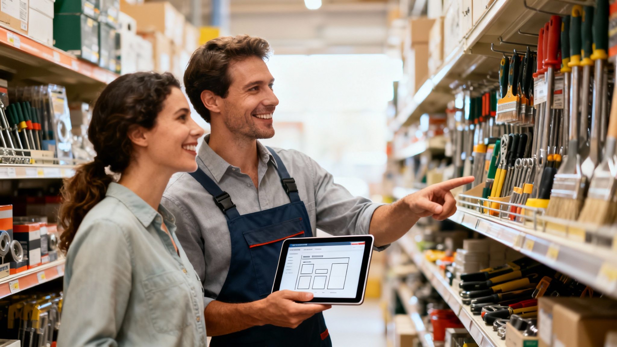 Smiling man and woman in a hardware store, man points at tools while holding a tablet.