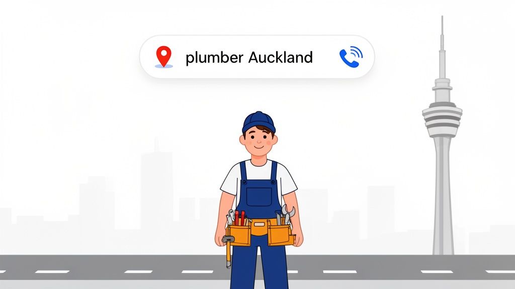A cartoon plumber in blue uniform and cap stands with a tool belt, city skyline and Auckland Sky Tower in background.