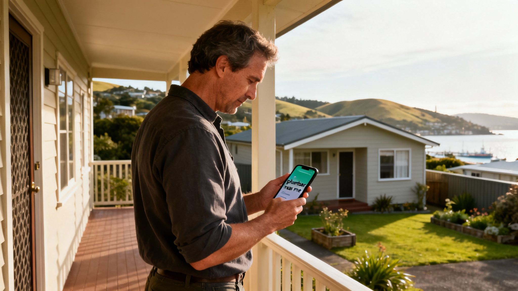 A man on a porch uses his phone to search for a plumber, with houses, hills, and a bay in the background.