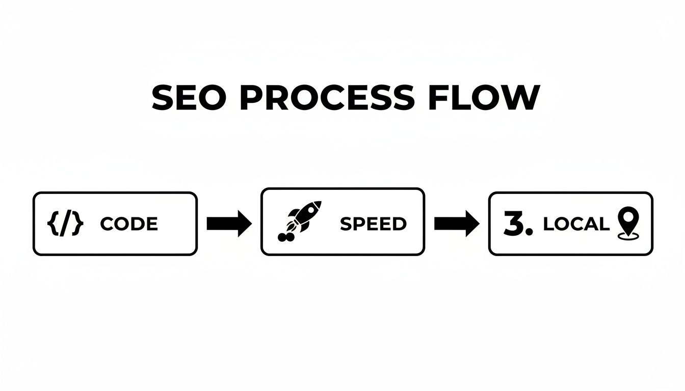 An SEO process flow diagram illustrating key steps: code optimization, website speed, and local SEO.