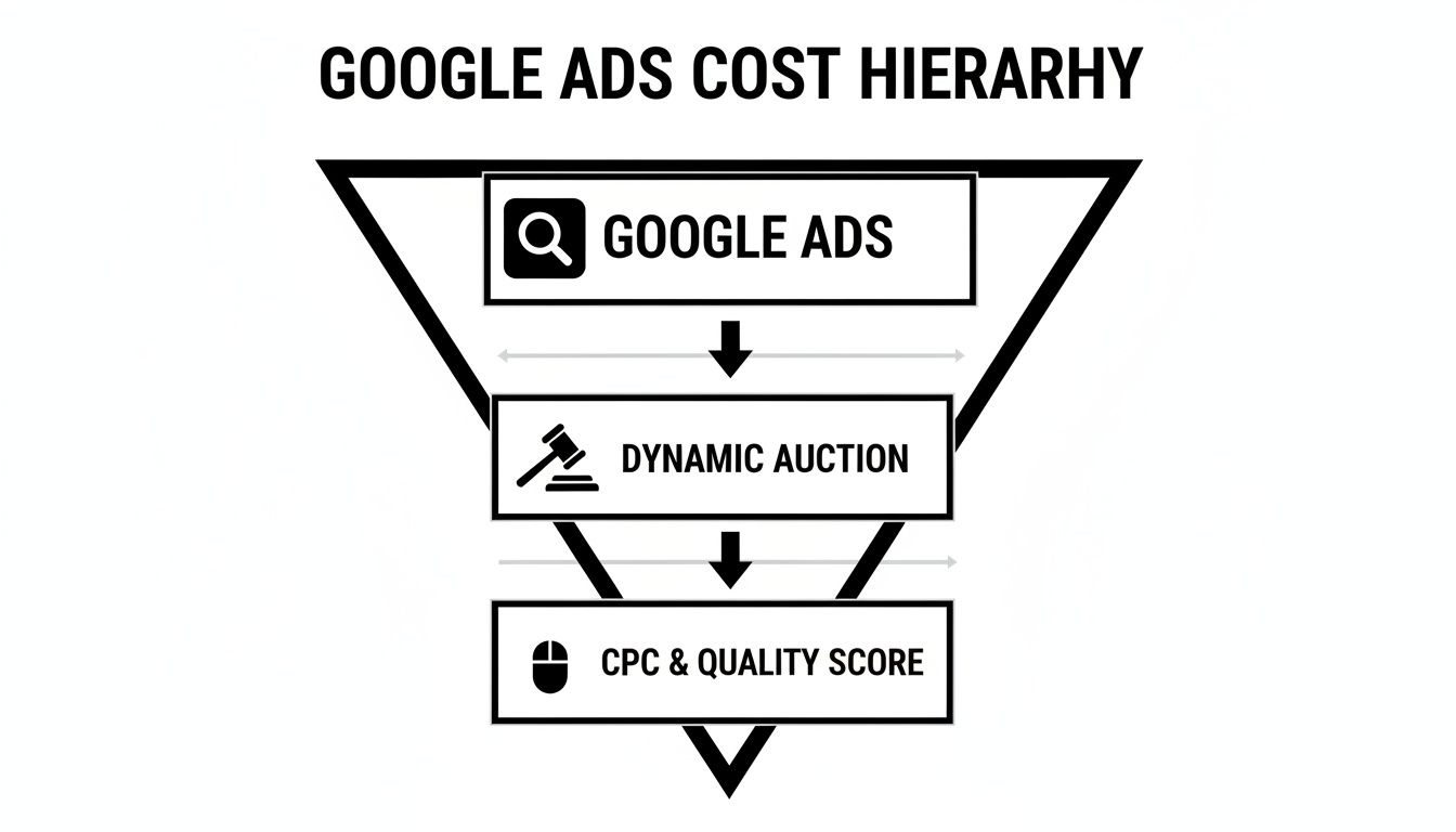 A flowchart illustrates the Google Ads cost hierarchy, detailing the steps from Google Ads to dynamic auction and CPC/Quality Score.