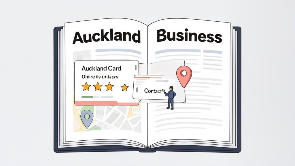 An open book titled 'Auckland Business' showing online business listings, customer reviews, a map, and contact information.