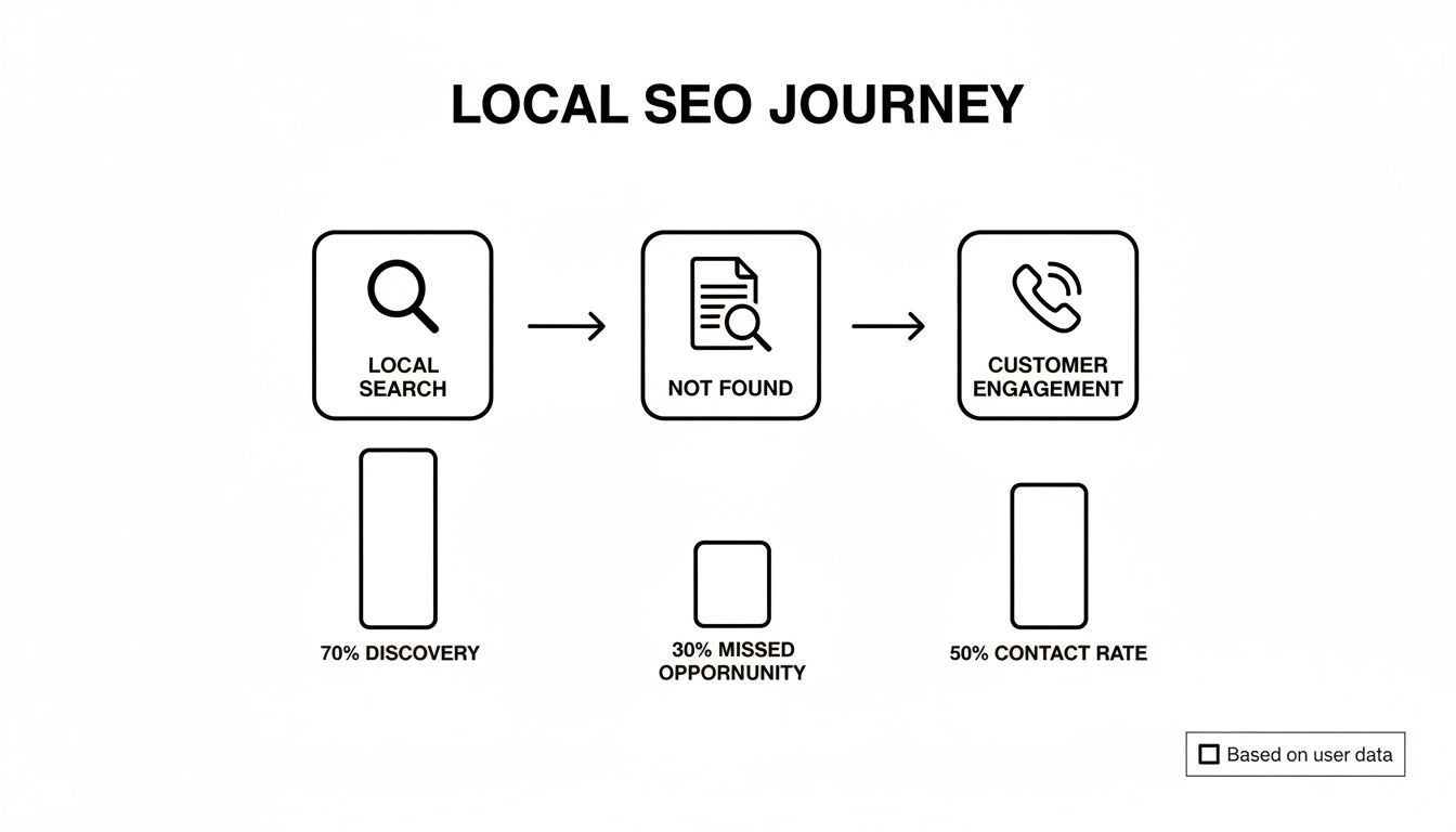 Flowchart illustrating the Local SEO Journey, showing stages of local search, missed opportunities, and customer engagement with corresponding data percentages.
