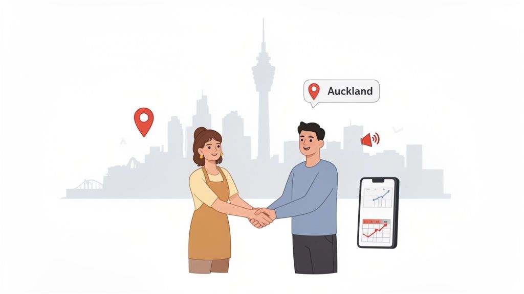 Two people shaking hands with Auckland city skyline background, smartphone shows business growth charts.
