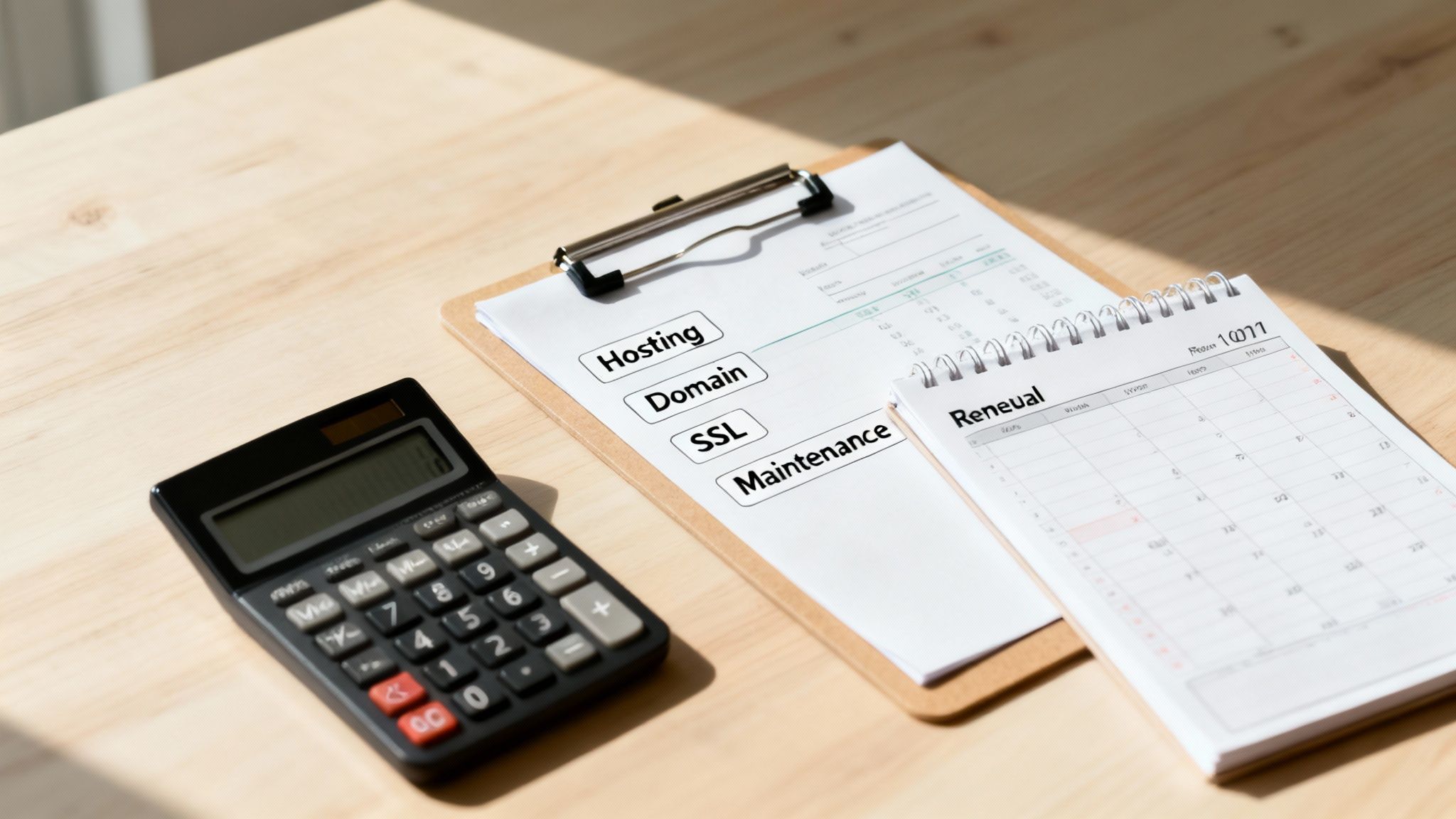 A calculator, clipboard with 'Hosting', 'Domain', 'SSL', 'Maintenance', and a 'Renewal' calendar on a wooden desk.