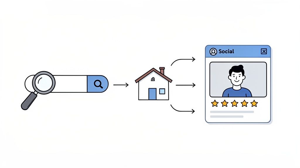 Illustration showing a search leading to a house icon, then to a social media profile with ratings.