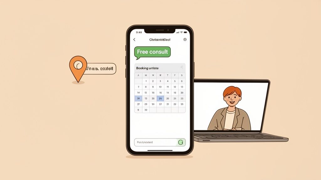 A mobile phone displaying a booking calendar and 'Free consult' button, beside a laptop showing a cartoon person.