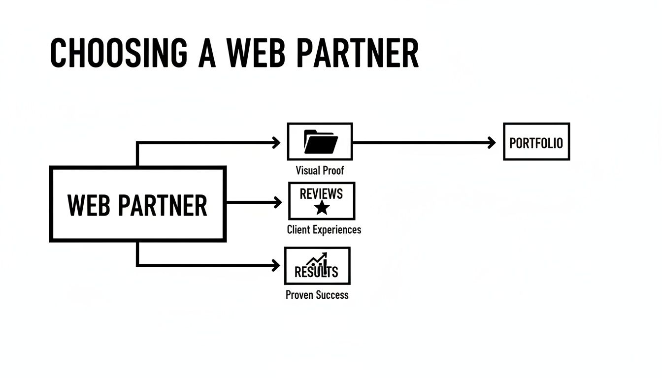 A flowchart titled 'Choosing a Web Partner' detailing Visual Proof, Reviews, Results, and Portfolio.