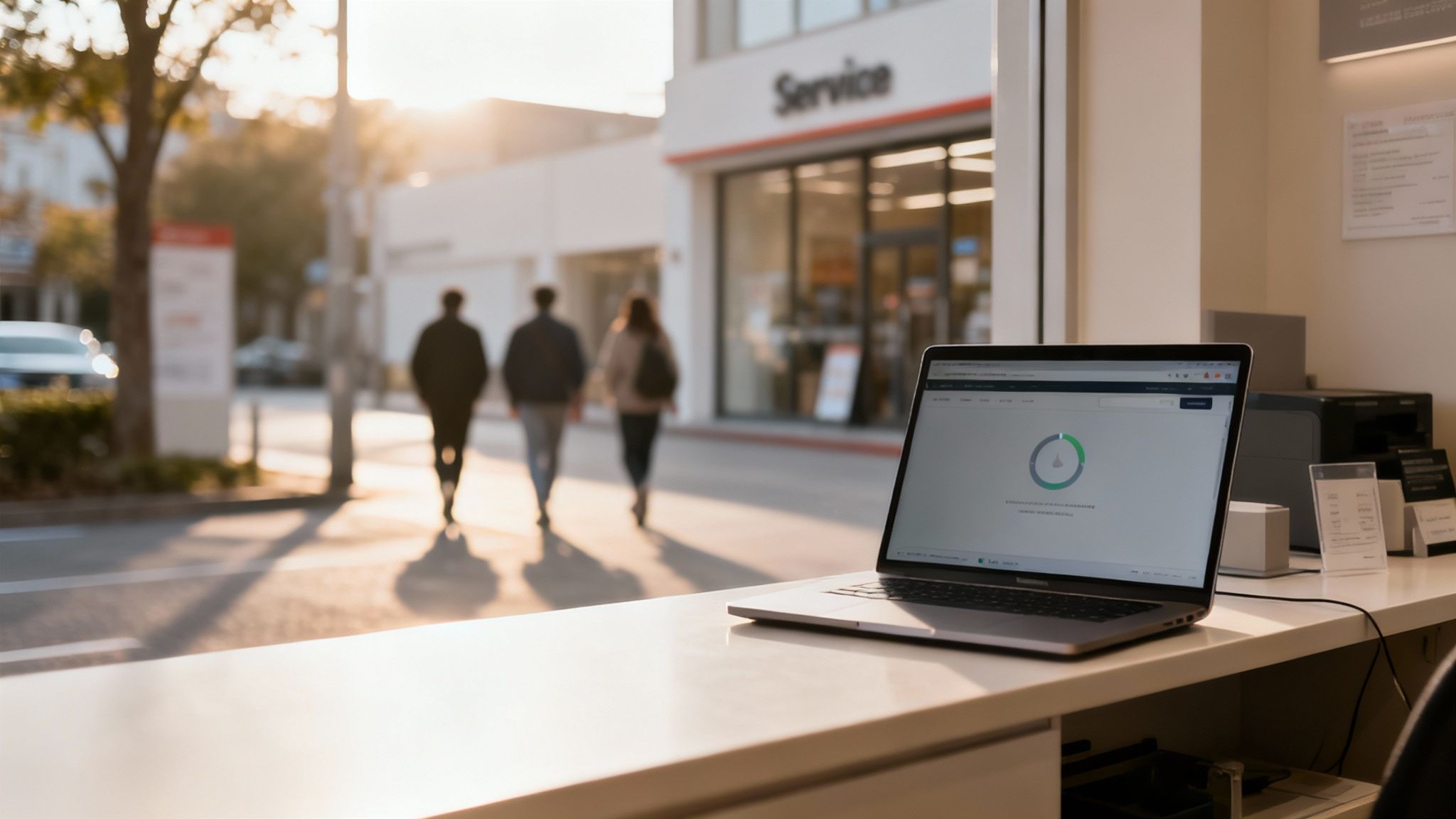 A laptop displaying a progress screen on a counter inside a service center, with people walking outside.