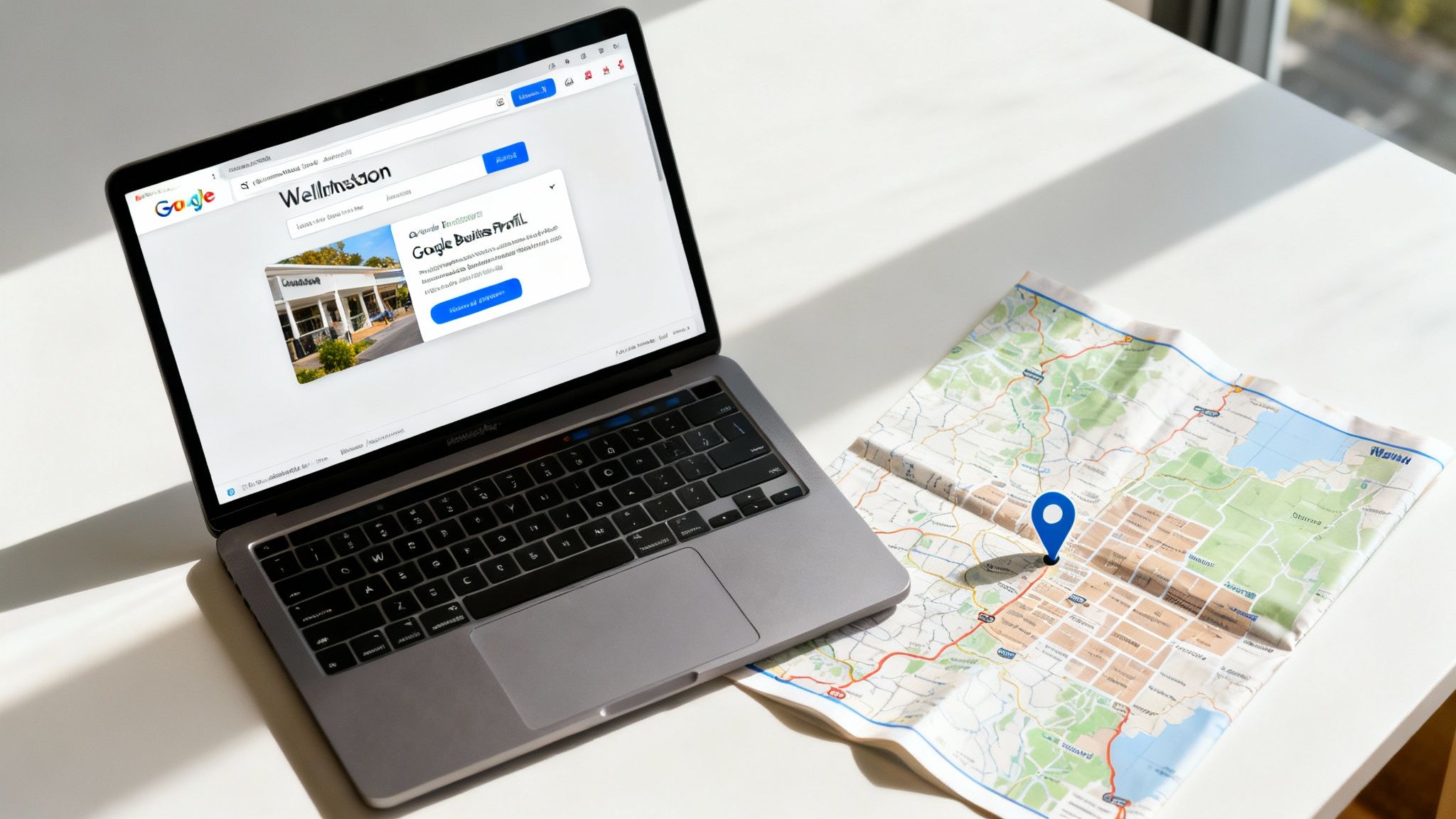 A magnifying glass focusing on a map of Wellington, symbolising local search.