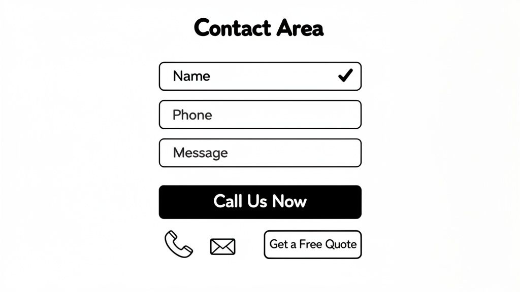 A user-friendly contact form for inquiries, including name, phone, message fields, and call-to-action buttons.