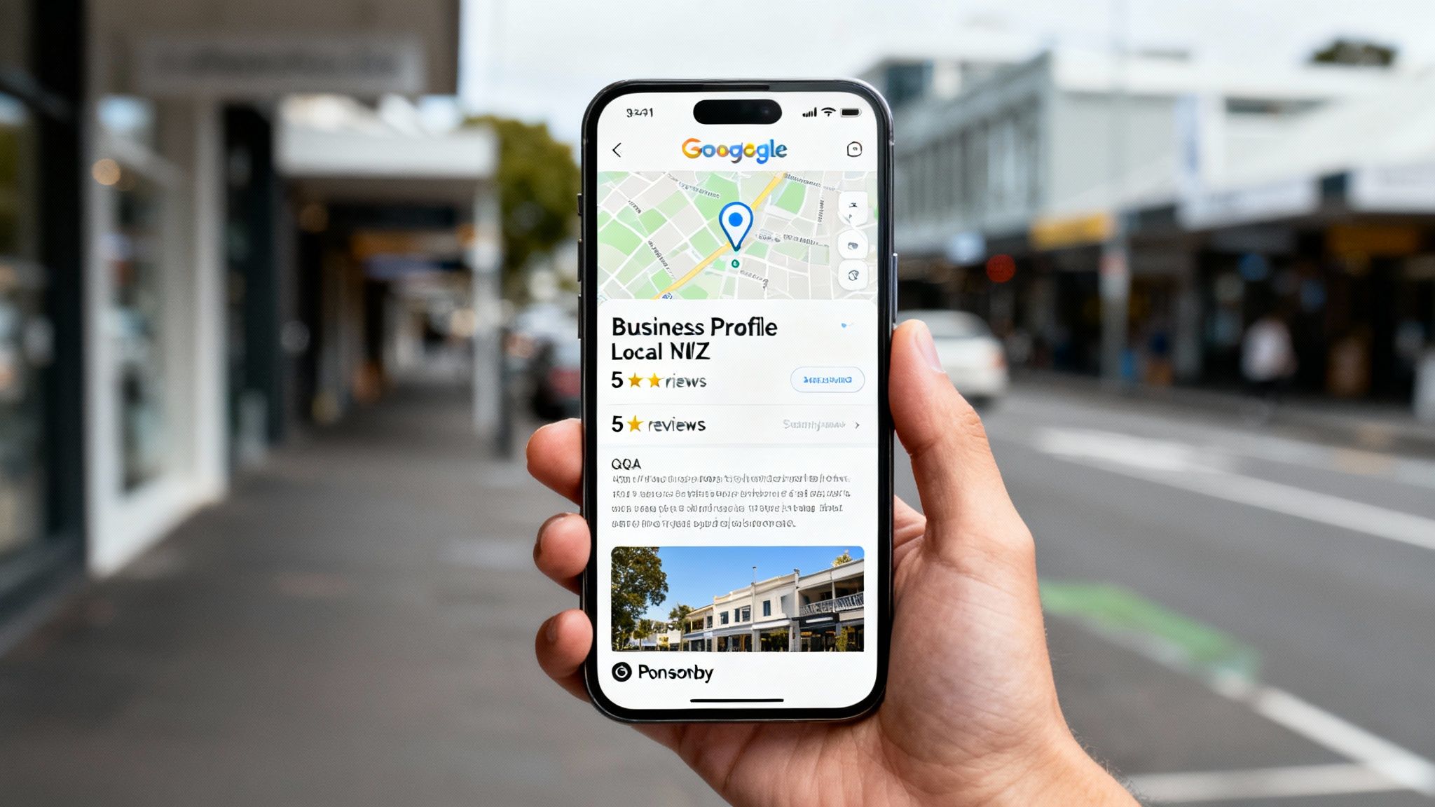 Hand holding smartphone displaying Google Business Profile for a local business with map and reviews on a city street.